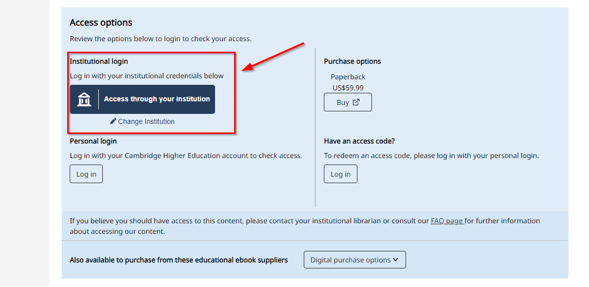 Screenshot of institutional login button