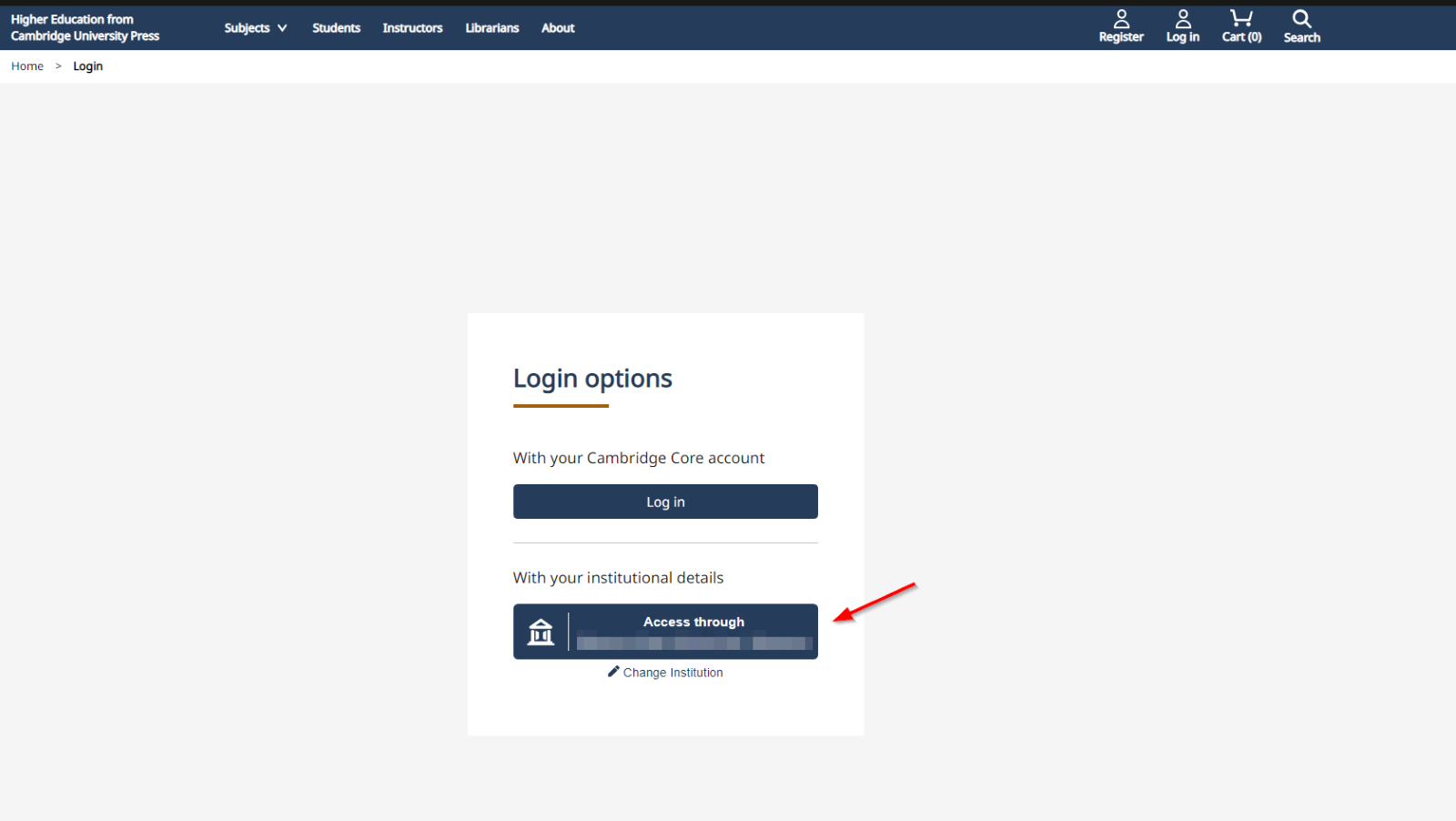 screen shot showing Access through your institution button