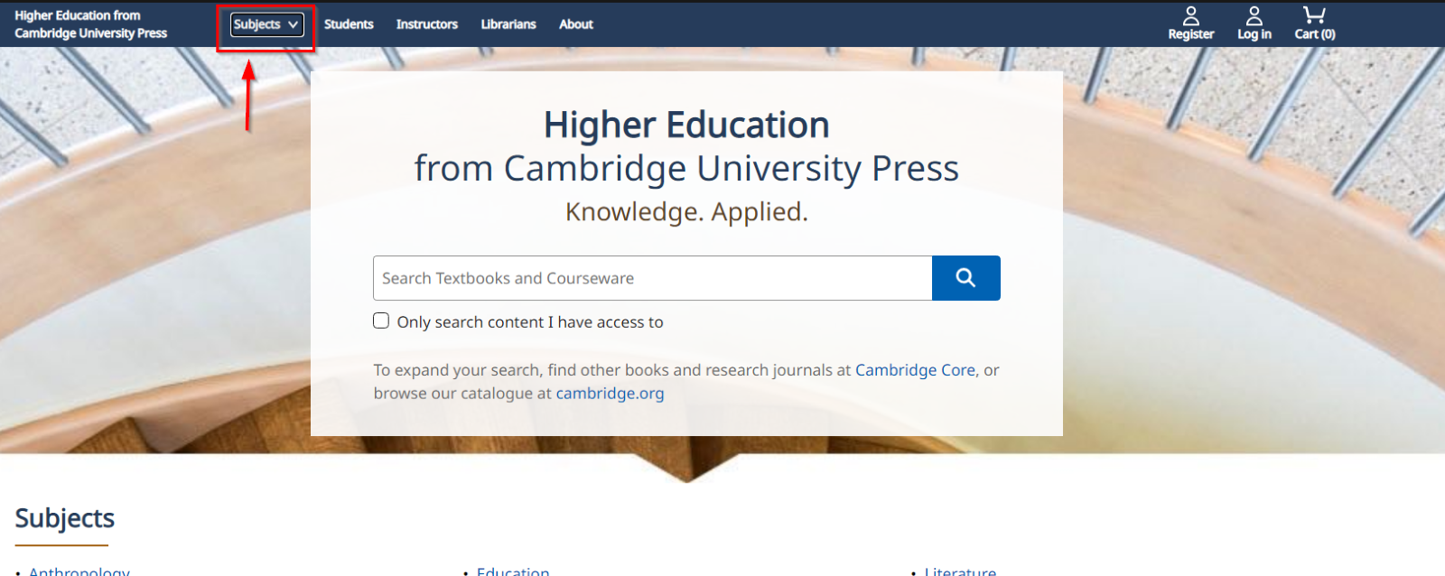 Screenshot showing subject drop down